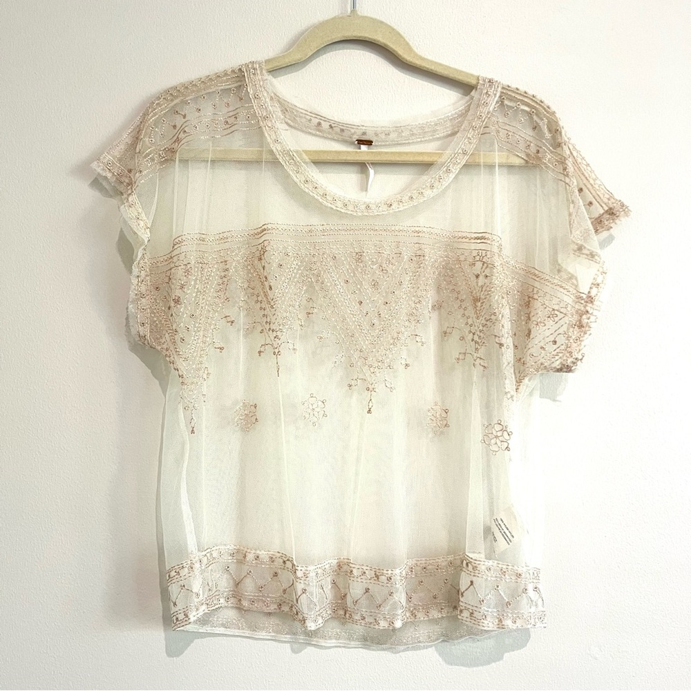Free People Vicki Sheer Embroidered Top Mesh Cream Size Large